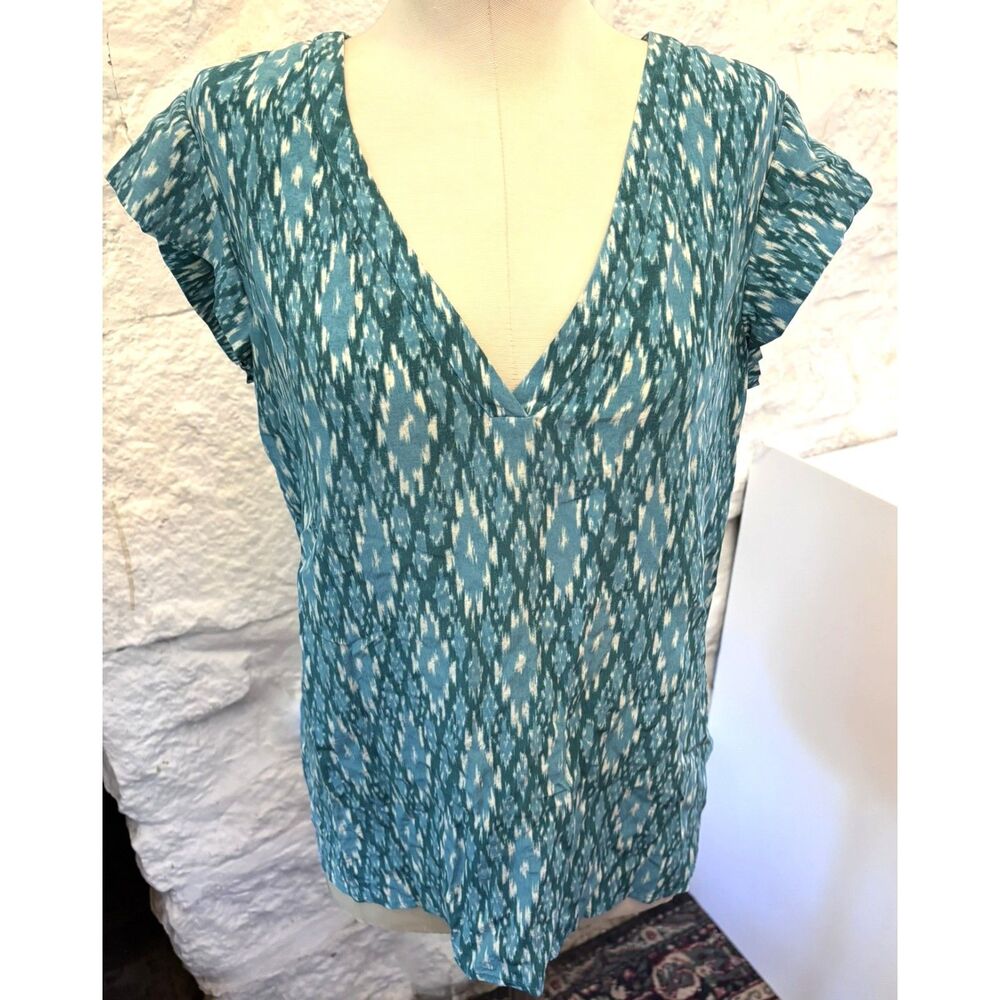 Joie Silk Blouse XS Blue Ikat Print Cap Sleeve V-Neck Top Boho Feminine Soft
